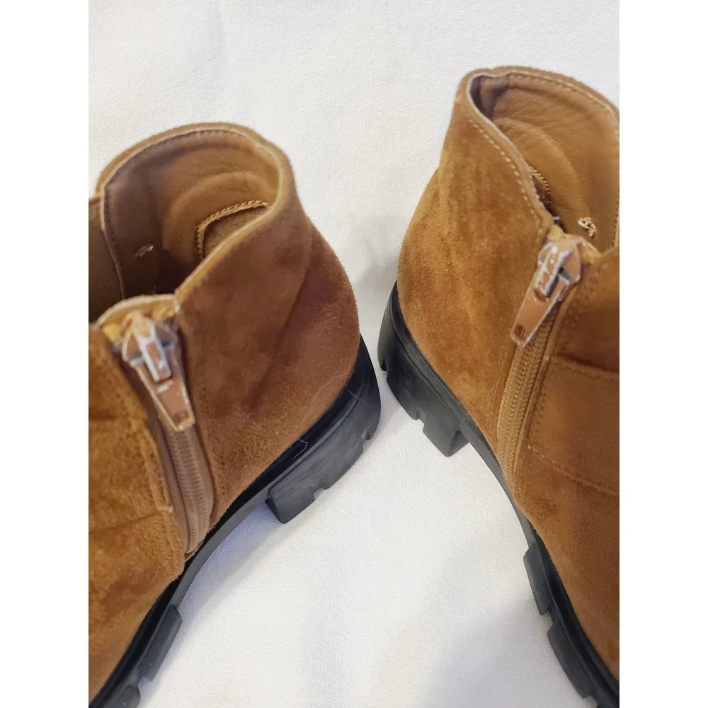 ZBY Girls Sz 1 Tan Faux Suede Ankle Boots Bow Rhinestone Lug Sole